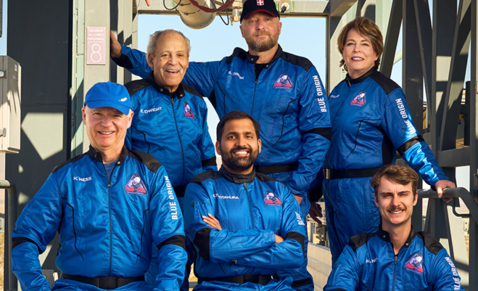 The NS-25 mission, Blue Origin's seventh uncrewed flight to date included the following tourists turned astronauts: (Top from left to right) Ed Dwight, Sylvain Chiron, and Carol Schalle. (Bottom left to right) Ken Hess and Gopi Thotakura, and Mason Angel.