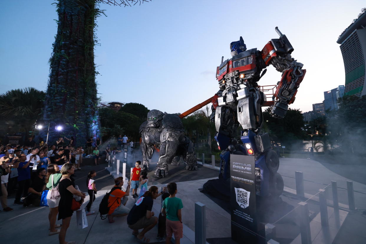 Optimus Prime and Optimus Primal statues at Gardens By The Bay. (PHOTO: UIP)