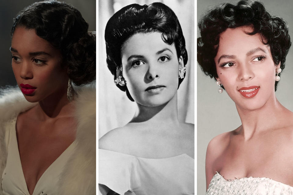 Laura Harrier as the character Camille in 'Hollywood'; Lena Horne circa 1945; Dorothy Dandridge circa 1955 | Saeed Adyani—Netflix; Michael Ochs Archive/Getty Images; Donaldson Collection/Getty Images —