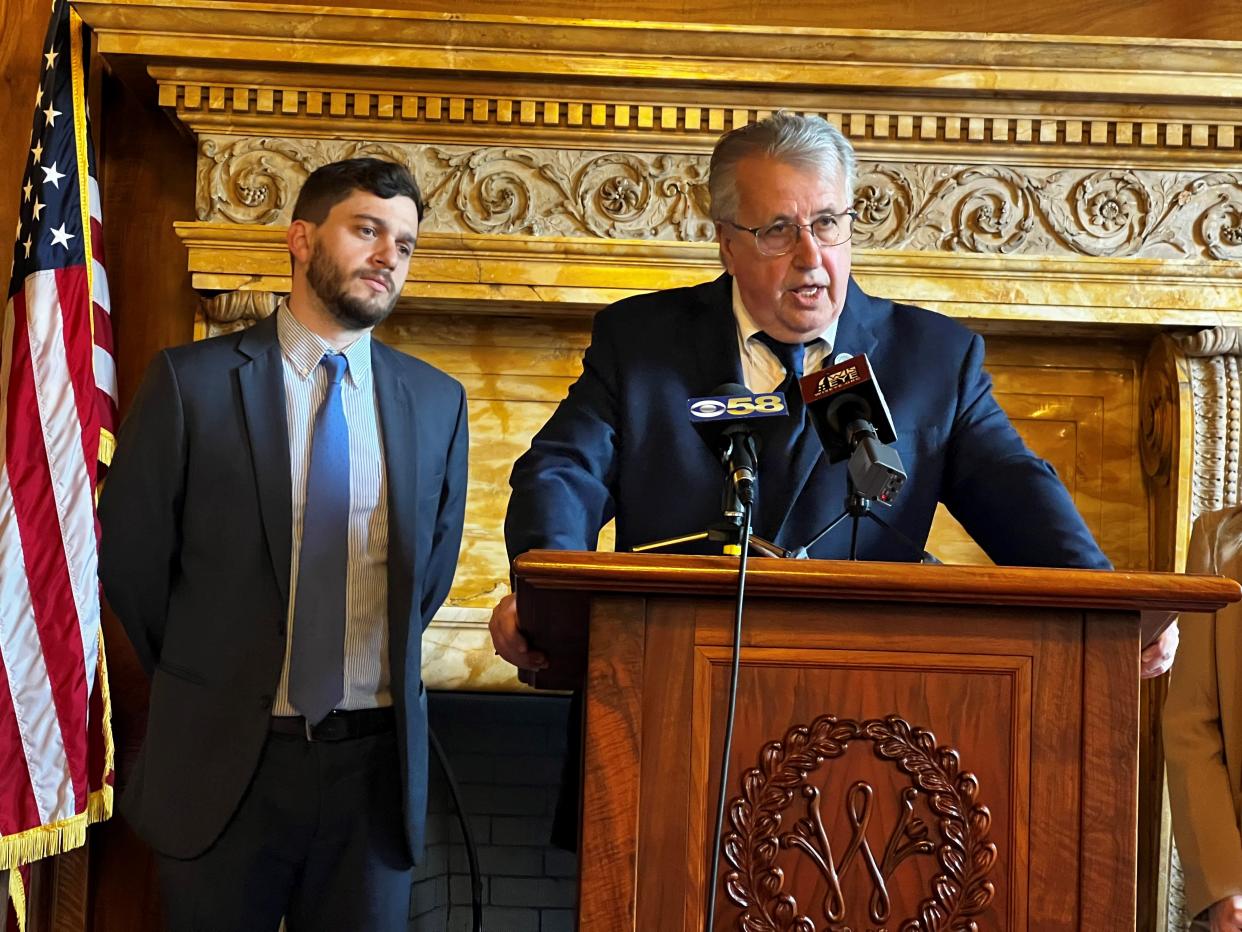 Reps. Tod Ohnstad and Rep. Tip McGuire, left, both Democrats from Kenosha, spoke to reporters Wednesday about a bill a bipartisan group of lawmakers is proposing to make it a felony crime for school employees and volunteers to create a hostile environment for students by committing sexual misconduct.