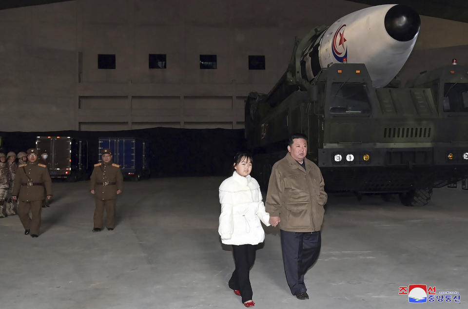 FILE - This photo provided on Nov. 19, 2022, by the North Korean government shows North Korean leader Kim Jong Un, right, and his daughter inspecting a missile at Pyongyang International Airport in Pyongyang, North Korea, Friday, Nov. 18, 2022. Independent journalists were not given access to cover the event depicted in this image distributed by the North Korean government. The content of this image is as provided and cannot be independently verified. Korean language watermark on image as provided by source reads: "KCNA" which is the abbreviation for Korean Central News Agency. (Korean Central News Agency/Korea News Service via AP, File)