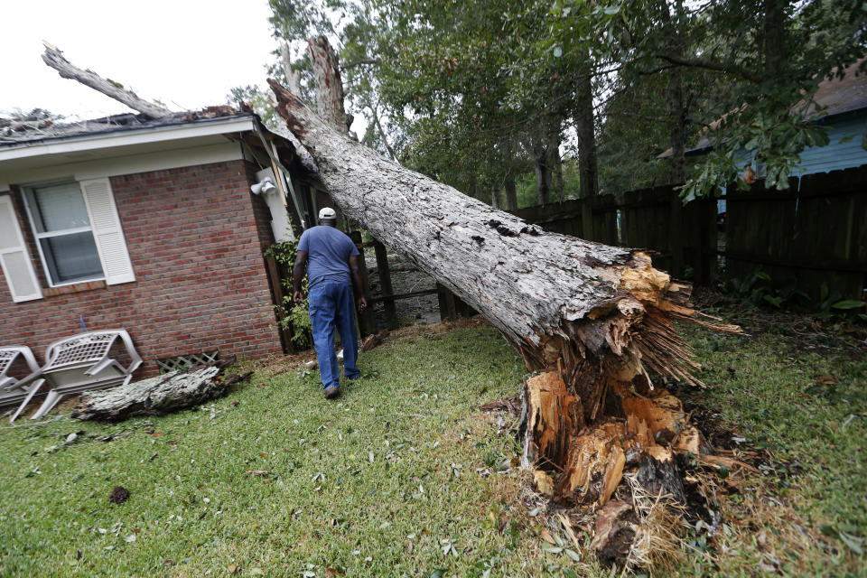 <p>Lawrence Carriere checks on the home of his neighbor after a tree fell on it and crashed through the roof, in Biloxi, Miss., in the aftermath of Hurricane Nate, Sunday, Oct. 8, 2017. (Photo: Gerald Herbert/AP) </p>