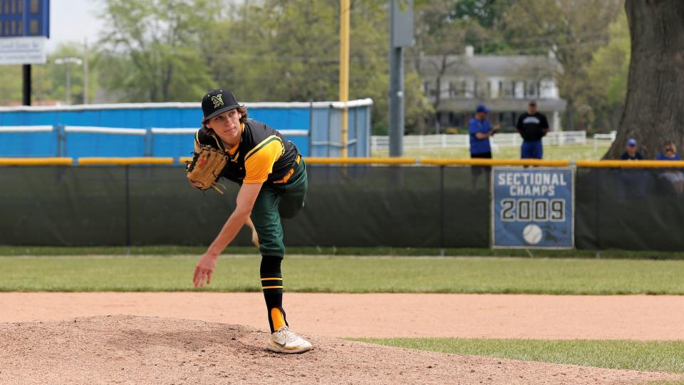 Northeastern sophomore Kaiden White throws a pitch during a Wayne County Tournament game against Centerville May 13, 2023.