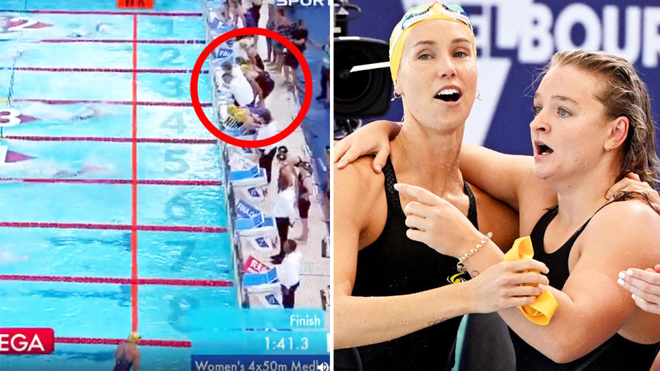 Emma McKeon, pictured here helping Australia break the 4x50m medley relay world record before winning gold in the 50m freestyle.