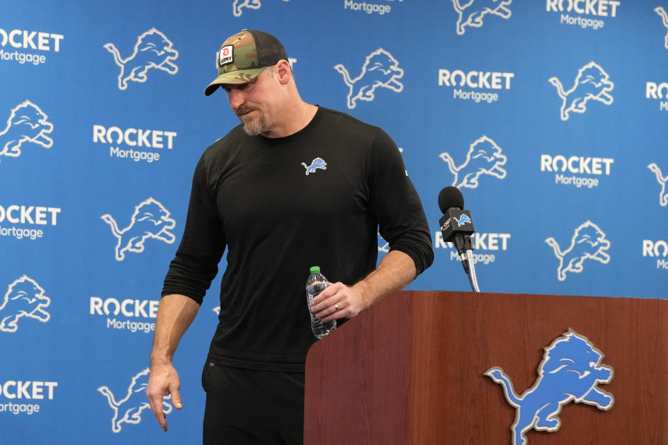 Detroit Lions head coach Dan Campbell gives his end-of-season news conference Monday, Jan. 29, 2024, in Allen Park, Mich. (AP Photo/Carlos Osorio)