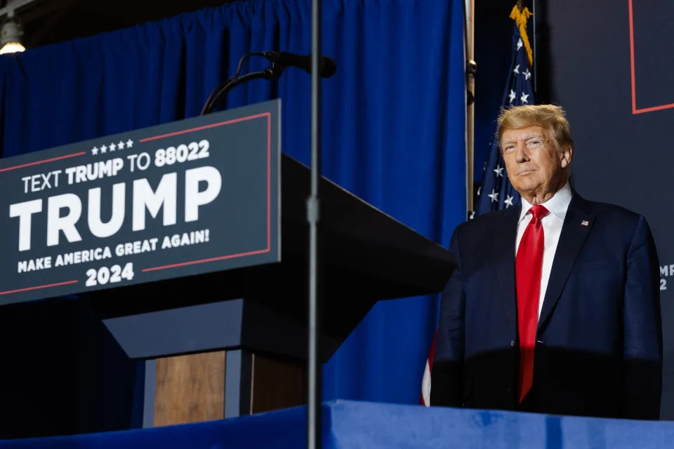 Former President and GOP presidential candidate Donald Trump speaks at a campaign event in Manchester, New Hampshire on April 27, 2023. (Sophie Park/The New York Times)