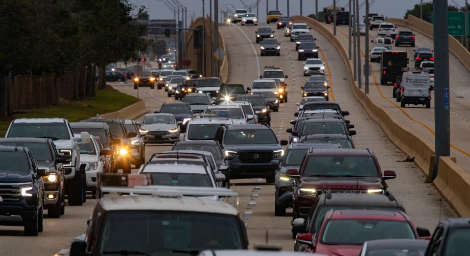 A view of congested traffic along the westbound lanes of Veterans Parkway near the Del Prado Blvd. intersection photographed on Tuesday, January 9, 2024.