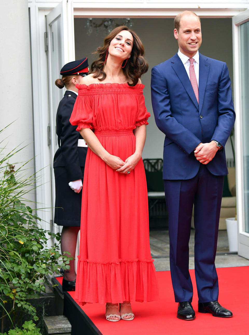 <p><strong>When:</strong> July 19, 2017 <strong>Where:</strong> A garden party in Berlin honoring the Queen’s birthday <strong>Wearing:</strong> Alexander McQueen off-the-shoulder chiffon maxi dress <strong>Get the Look:</strong> Alice + Olivia Pansy Off-the-Shoulder Embroidered Cotton Maxi Dress, $580; <span>net-a-porter.com</span> 1.State Blouson Off the Shoulder Maxi Dress, $129; <span>nordstrom.com</span> Open-Shoulder Maxi Dress, $48; <span>forever21.com</span> ASOS Midi Dress with Off Shoulder and Self Tie, $38; <span>asos.com</span></p>