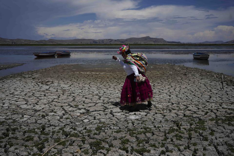 Maruja Inquilla walks on a dried out portion of Lake Titicaca in Coata, Peru, Wednesday, Nov. 29, 2023, due to falling water levels amid a winter heat wave. (AP Photo/Martin Mejia)