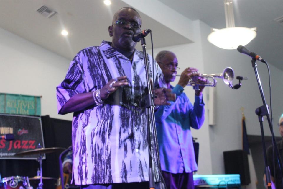 Singer C.J. Washington, left, and trumpeter Lanard Perry, right, leader of the Gainesville Meets Jazz Band of Gainesville, perform Friday at DaySpring Baptist Church in NE Gainesville.
(Photo: Photo by Voleer Thomas/For The Guardian)