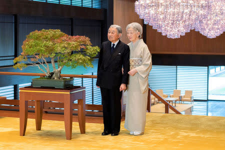 Japan's Empress Michiko poses for a photo with Emperor Akihito at the Imperial Palace in Tokyo, in this handout picture taken October 4, 2017 and provided by the Imperial Household Agency of Japan. Imperial Household Agency of Japan/HANDOUT via Reuters