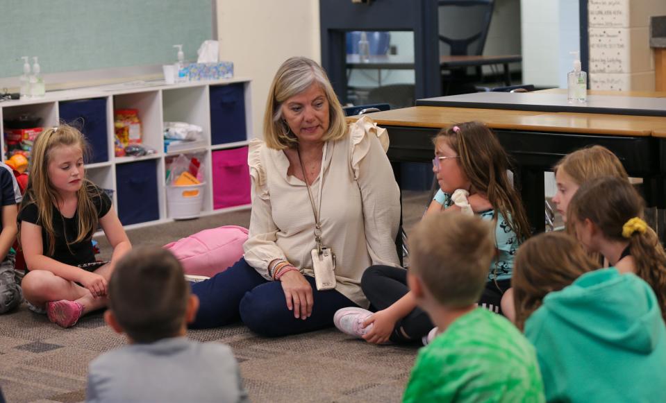 Kelly Curtis, first grade teacher at James Cole Elementary school, speaks to her students on their last day of school, on Thursday, May 25, 2023, in Lafayette, Ind.