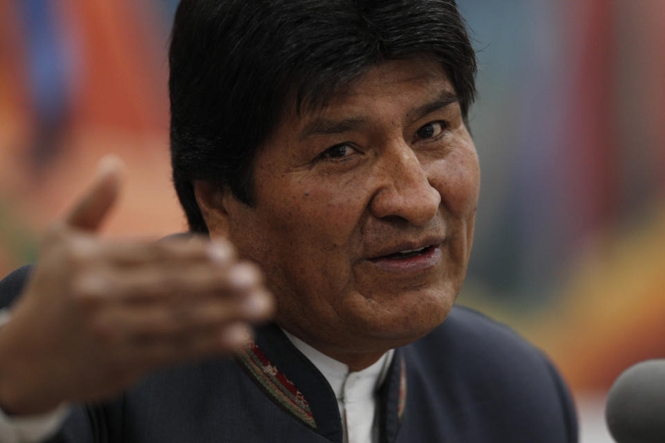 Bolivia's President Evo Morales speaks during a press conference in La Paz, Bolivia, Thursday, Oct. 24, 2019. Morales declared himself the winner of the country's presidential election, saying he received the 10 percentage point lead over his nearest rival needed to win in the first round of voting. (AP Photo/Juan Karita)