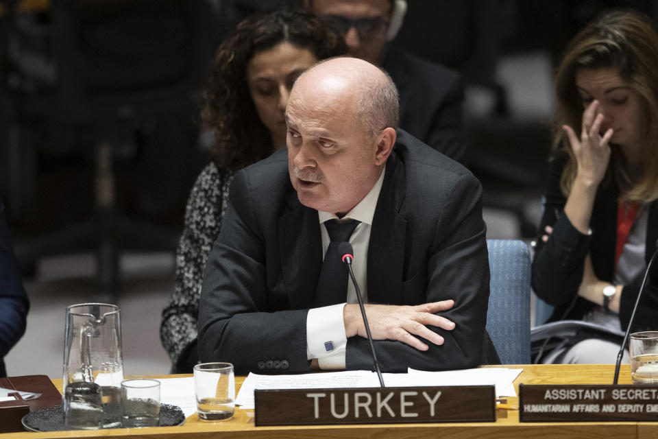 Turkish Ambassador to the United Nations Feridun Sinirlioglu speaks during a Security Council meeting on the situation in Syria, Thursday, Oct. 24, 2019 at United Nations headquarters. (AP Photo/Mary Altaffer)