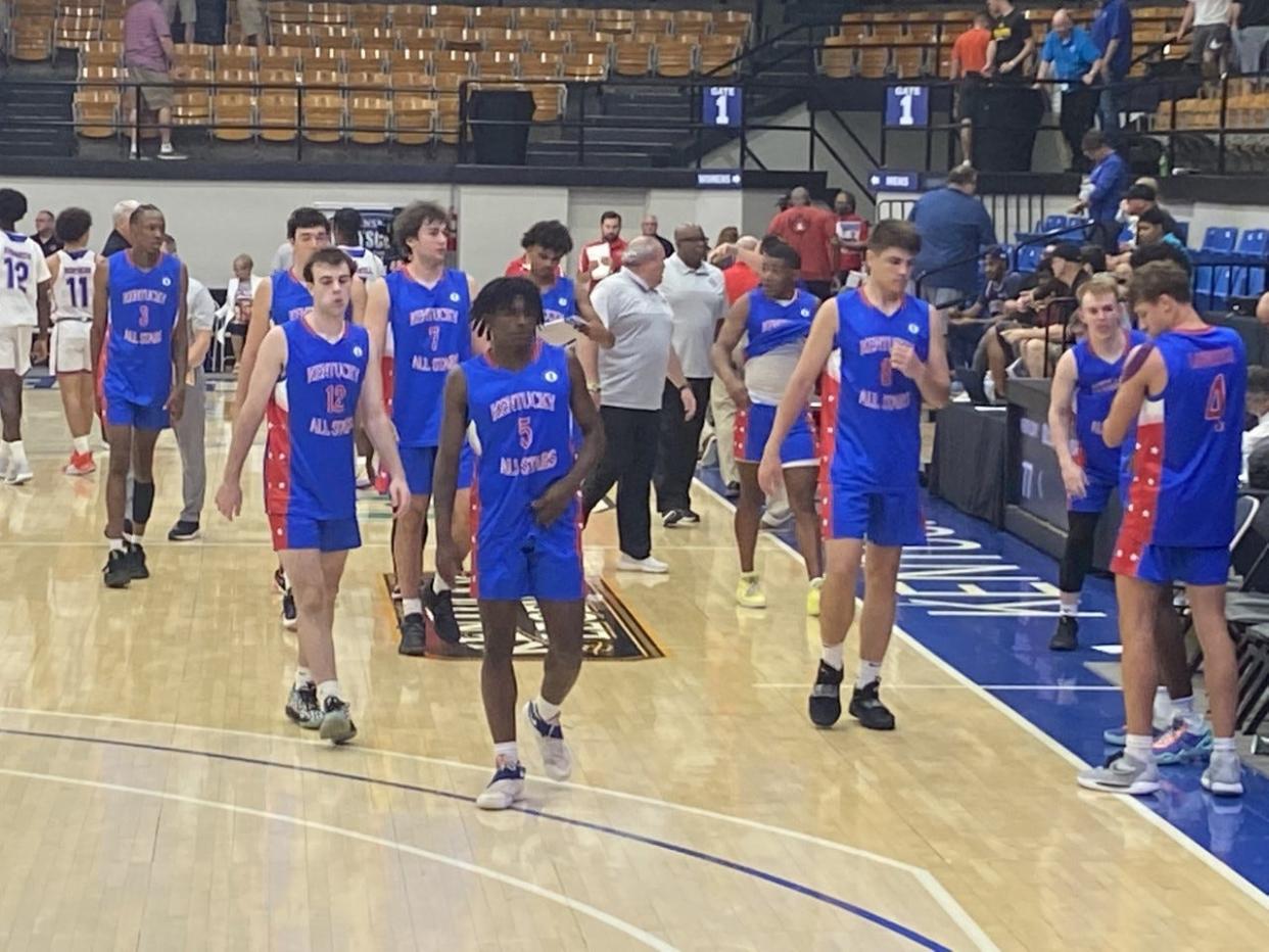 The Kentucky boys basketball All-Star team leaves the court following a 104-77 loss to the Indiana All-Stars at the Owensboro Sportscenter on June 10, 2022