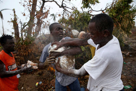 People fight while they assail a truck to try to get food after Hurricane Matthew hit Jeremie, Haiti, October 14, 2016. REUTERS/Carlos Garcia Rawlins/File Photo