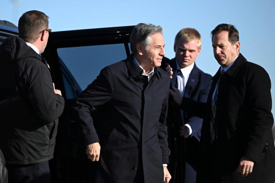 Secretary of State Antony Blinken arrives to board a plane, Monday, March 11, 2024, at Andrews Air Force Base, Md., en route to Kingston, Jamaica for emergency talks with Caribbean leaders on Haiti’s crisis. (Andrew Caballero-Reynolds/Pool via AP)