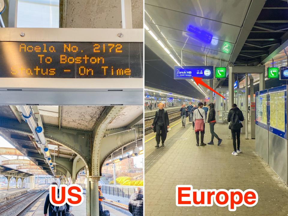 Train platforms in the US and Europe.