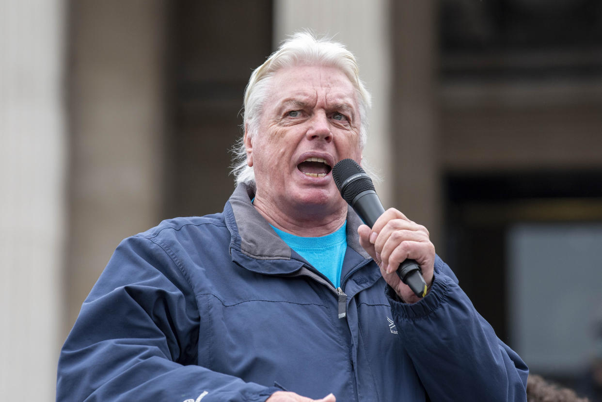 LONDON, UNITED KINGDOM - 2020/09/26: English conspiracy theorist, David Icke addresses the crowds at the We Do Not Consent protest. The demonstration in Trafalgar Square London was against Lockdown, Social Distancing, Track and Trace & wearing of face masks. (Photo by Dave Rushen/SOPA Images/LightRocket via Getty Images)