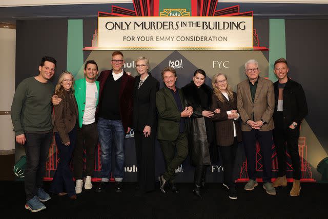 <p>Frank Micelotta/PictureGroup for Disney Television Studios/Shutterstock </p> Jane Lynch, Martin Short, Selena Gomez, Meryl Streep, Steve Martin, and Songwriter Justin Paul attend an FYC event for Hulu's "Only Murders in the Building"