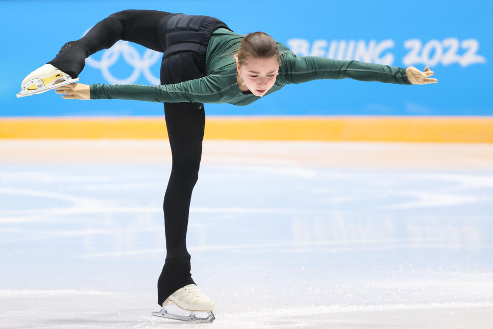 BEIJING, CHINA - FEBRUARY 12, 2022: Figure skater Kamila Valiyeva of Team ROC practices during a training session at the 2022 Winter Olympic Games, at the Capital Indoor Stadium. Valery Sharifulin/TASS (Photo by Valery Sharifulin\TASS via Getty Images)