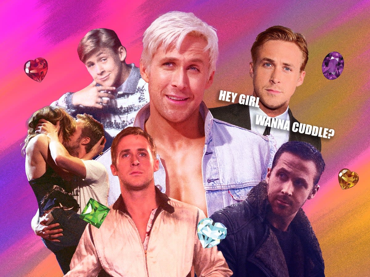 A Gosling for all seasons, clockwise from centre: the Canadian actor in ‘Barbie’, in a meme, in ‘Blade Runner 2049’ and ‘Drive’, at the MTV Movie Awards in 2005, and on ‘The Mickey Mouse Club’ (Warner Bros/Getty/Shutterstock/iStock)