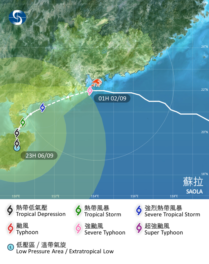 超強颱風 蘇拉 在香港時間 2023 年 09 月 02 日 01 時的最新資料。蘇拉集結在北緯 22.0 度，東經 113.8 度附近，即香港天文台之西南約 50 公里，中心附近最高持續風速每小時 175 公里。天文台指蘇拉逐漸遠離本港。