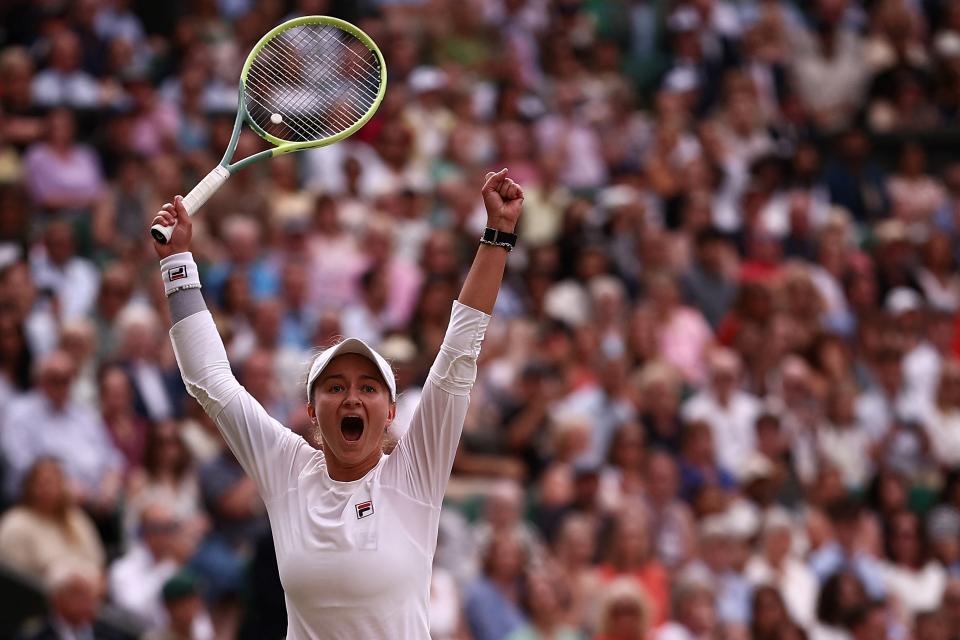 Krejčíková after pulling off the upset. (Henry Nicholls/AFP via Getty Images)