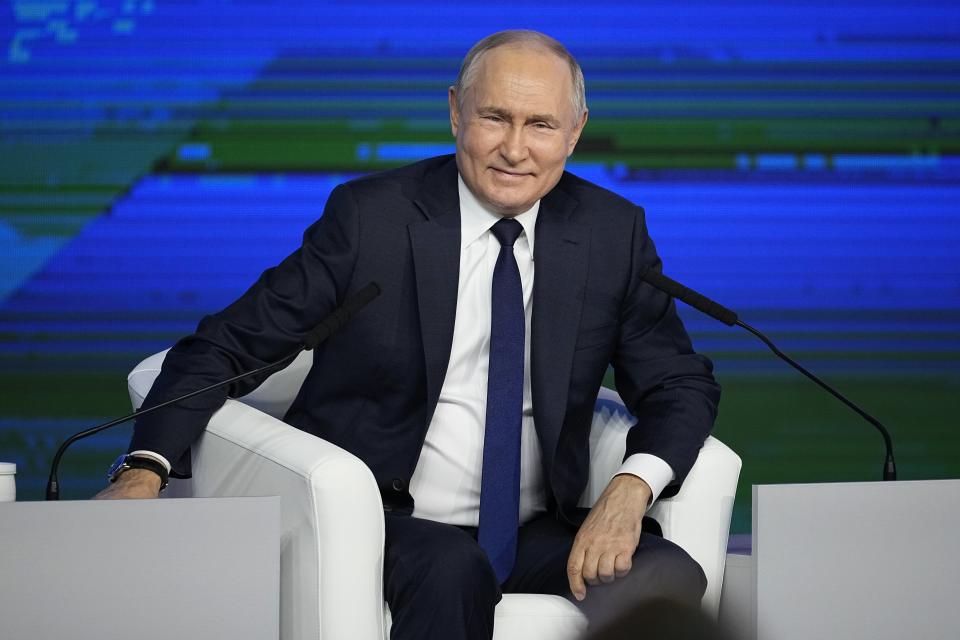 FILE - Russian President Vladimir Putin attends a meeting with supporters in Moscow, on Jan. 31, 2024. Putin used an interview with former Fox News host Tucker Carlson to urge Washington to recognize Moscow's interests and persuade Ukraine to sit down for talks. (AP Photo/Alexander Zemlianichenko, Pool, File)