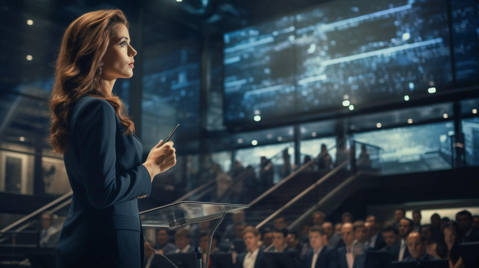 A woman in a suit and tie on a platform, speaking to shareholders about the latest contract analysis and SEC compliance solutions.