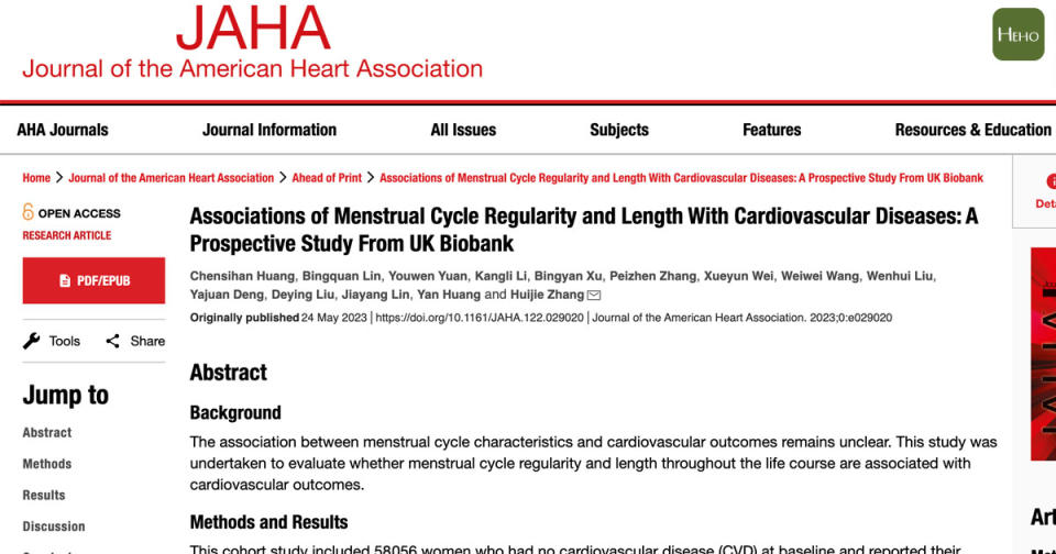 研究發現女性月經週期不規律與心血管發生率有一定規聯性