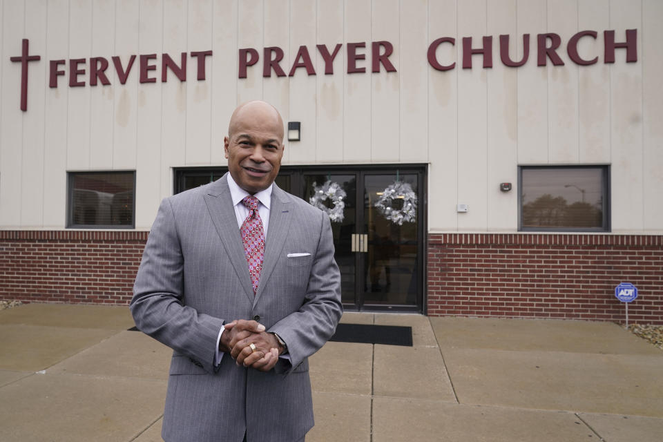Pastor James Jackson, the lead pastor of Fervent Prayer Church, stands outside of the church, Friday, Dec. 23, 2022, in Indianapolis. Jackson is running for mayor of Indianapolis. (AP Photo/Darron Cummings)
