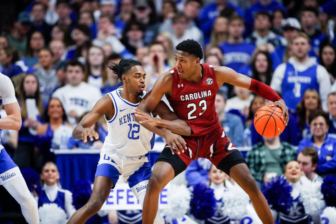 South Carolina Gamecocks forward Gregory Jackson II (23) dribbles against Kentucky Wildcats guard Antonio Reeves (12) during the game at Rupp Arena in Lexington, Ky., Tuesday, January 10, 2023.