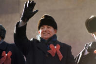 FILE - Soviet leader Mikhail Gorbachev waves from the parade review stand of the Lenin Mausoleum on Saturday, Nov. 7, 1987 in Moscow' s Red Square during the 70th anniversary of the Russian Revolution. Russian news agencies are reporting that former Soviet President Mikhail Gorbachev has died at 91. The Tass, RIA Novosti and Interfax news agencies cited the Central Clinical Hospital. (AP Photo/ Boris Yurchenko)
