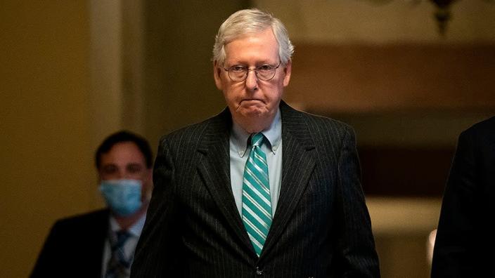 Minority Leader Mitch McConnell (R-Ky.) heads to the Senate Chamber to open up the Senate for the week on Monday, February 7, 2022.
