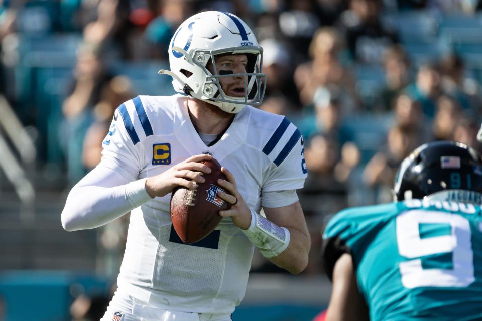 Indianapolis Colts quarterback Carson Wentz (2) throws during the first half against the Jacksonville Jaguars at TIAA Bank Field.