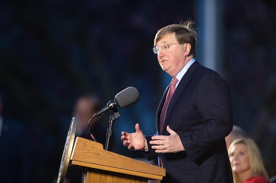 Gov. Tate Reeves highlights the progress Mississippi has made and his vision for its future during the State of the State address on the south steps of the Mississippi State Capitol Monday.