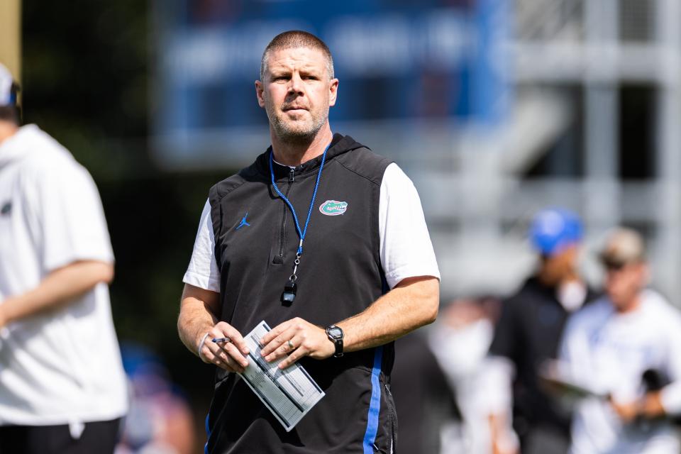 Florida Gators head coach Billy Napier looks on during fall football practice at Heavener Football Complex at the University of Florida in Gainesville, FL on Wednesday, July 31, 2024. [Matt Pendleton/Gainesville Sun]