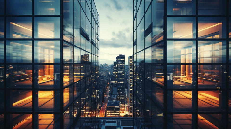 High-rise buildings with aluminum framed windows, showing the company's architectural systems in action.