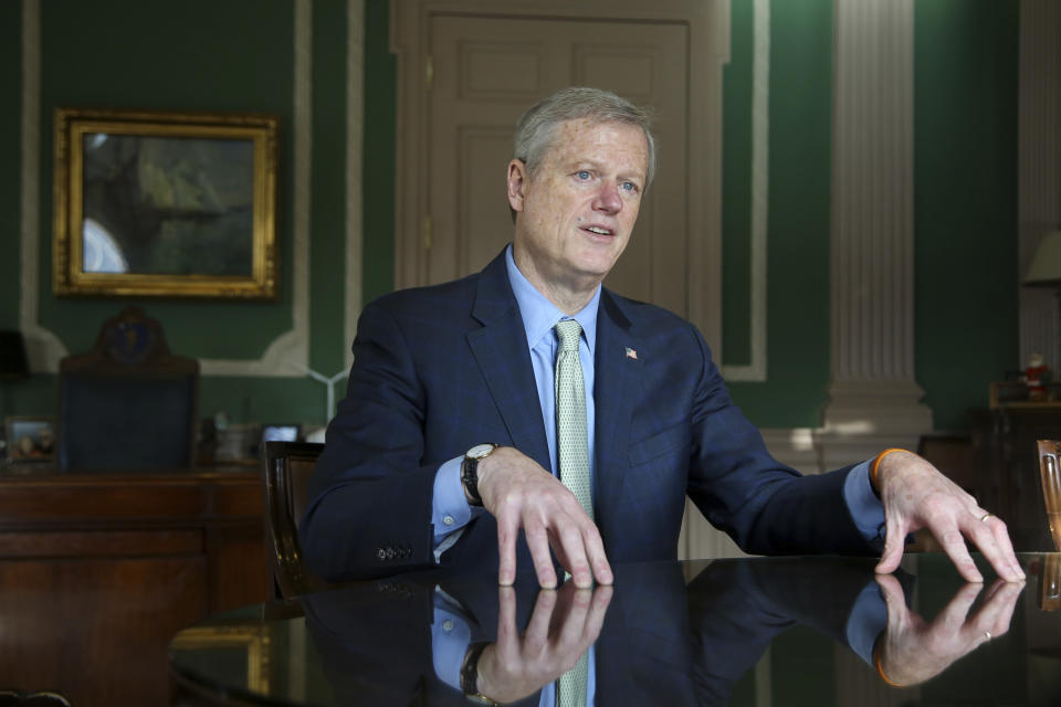 Massachusetts Governor Charlie Baker speaks during an interview at the Massachusetts State House Tuesday Dec. 27, 2022, in Boston, Mass. (AP Photo/Reba Saldanha)