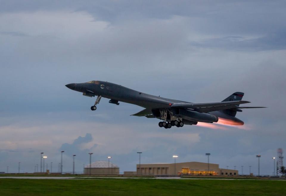 A US Air Force B-1B Lancer assigned to the 37th Expeditionary Bomb Squadron takes-off from Andersen Air Force Base in Guam on Oct. 10, 2017.