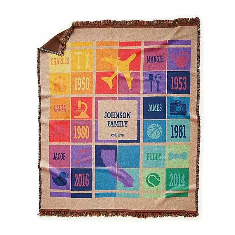 Colorful Fabric of our Family Blanket with building blocks pattern depicting names, objects and numbers.