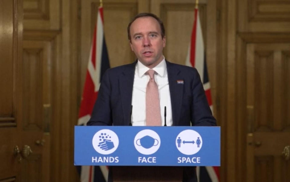 Health Secretary Matt Hancock during a media briefing on coronavirus (COVID-19) in Downing Street, London.