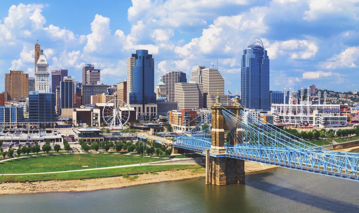 Cincinnati Ohio skyline with John Roebling bridge aerial view