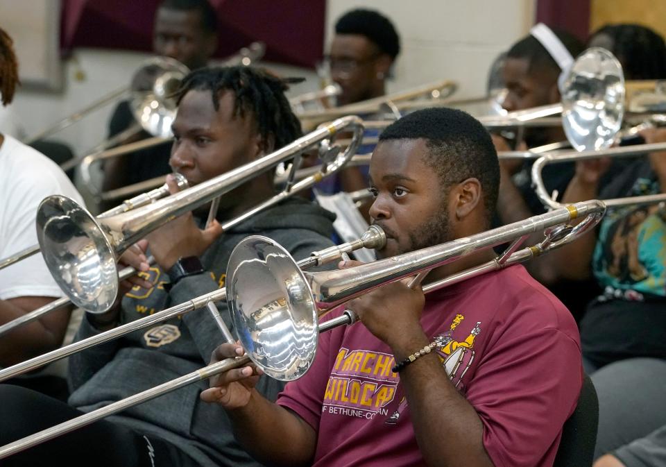 Members of the Bethune-Cookman University Marching Wildcats practice Tuesday, Aug. 30, 2022.