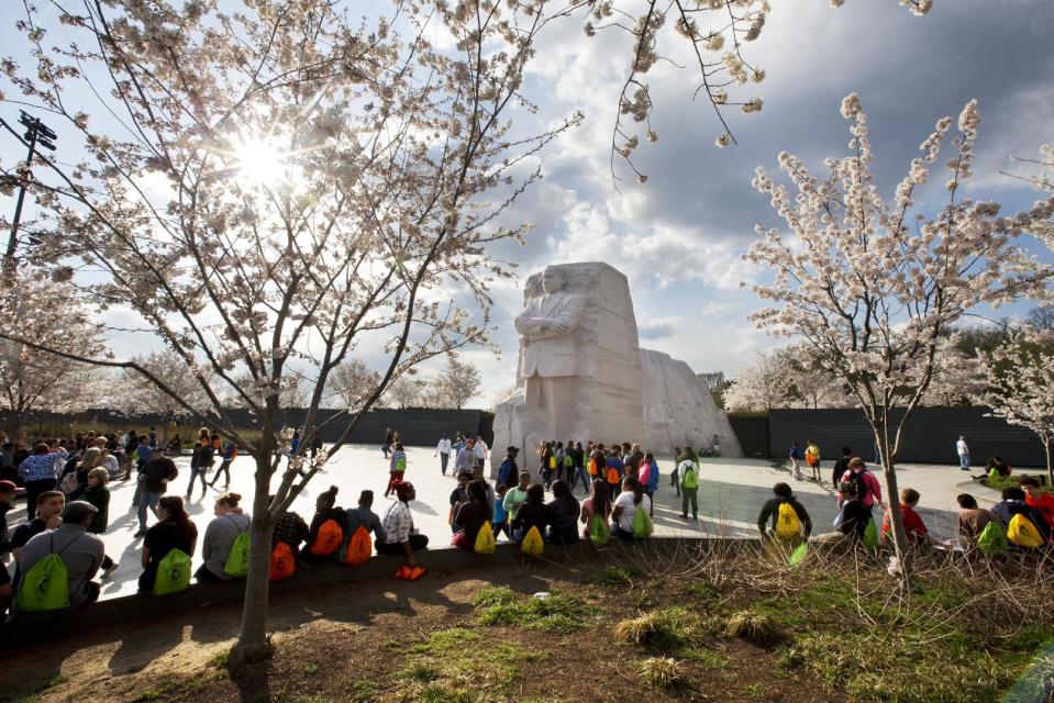 Cherry blossoms are in bloom by the Martin Luther King Jr. Memorial along the tidal basin in Washington, Wednesday, April 9, 2014. (AP Photo/Jacquelyn Martin)