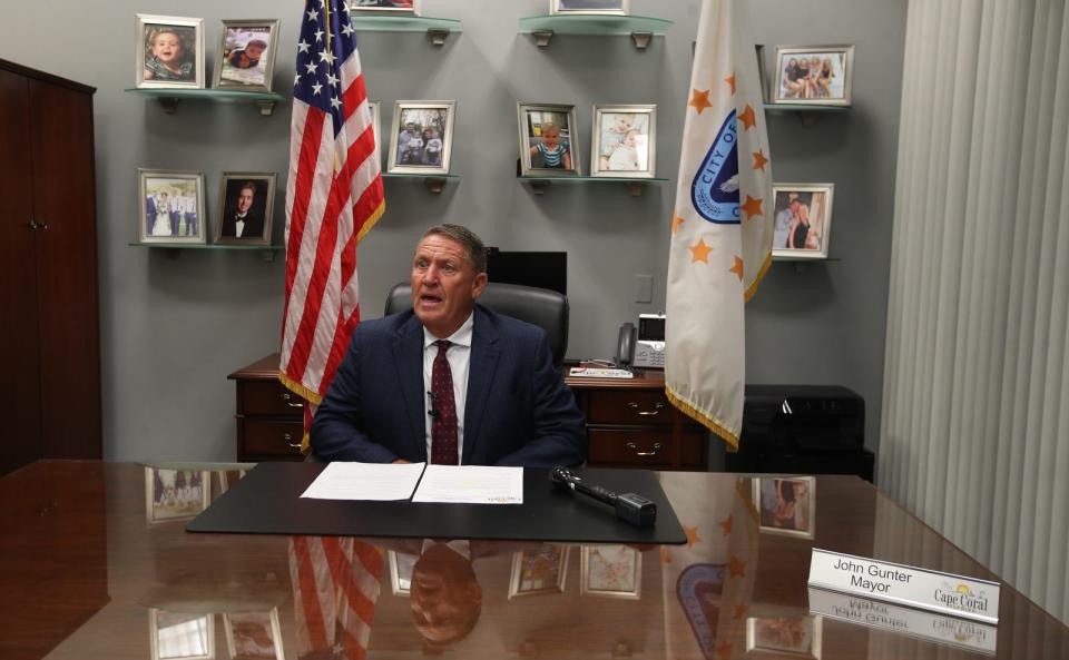 Cape Coral Mayor John Gunter hosts a media conference in his office Tuesday evening, Nov. 14, 2023, to discuss the arrest of councilmember Patty Cummings. After an ongoing investigation by the State AttorneyÕs Office Cummings was charged with three felonies. She turned herself in to authorities earlier in the day.