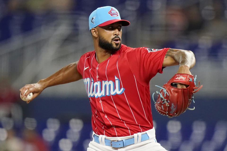 Miami Marlins starting pitcher Sandy Alcantara throws during the first inning of a baseball game against the Washington Nationals, Saturday, Sept. 24, 2022, in Miami. (AP Photo/Lynne Sladky)