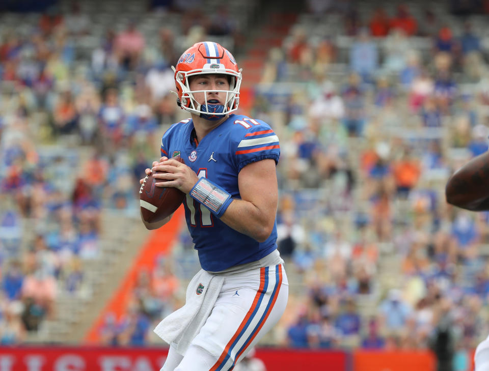 GAINESVILLE, FL - OCTOBER 3: Kyle Trask #11 of the Florida Gators makes a pass against the South Carolina Gamecocks on October 3, 2020 at Ben Hill Griffin Stadium in Gainesville, Florida. (Photo by Tim Casey/Collegiate Images/Getty Images)