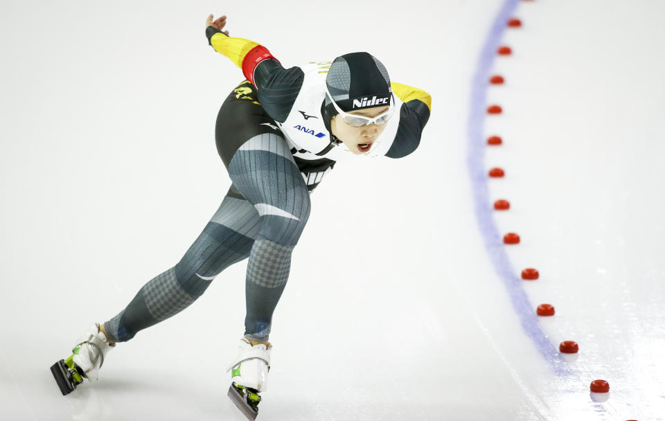 Japan's Nana Takagi skates during the women's 1500-meter competition at the ISU World Cup speedskating event in Calgary, Alberta, Sunday, Dec. 12, 2021. (Jeff McIntosh/The Canadian Press via AP)
